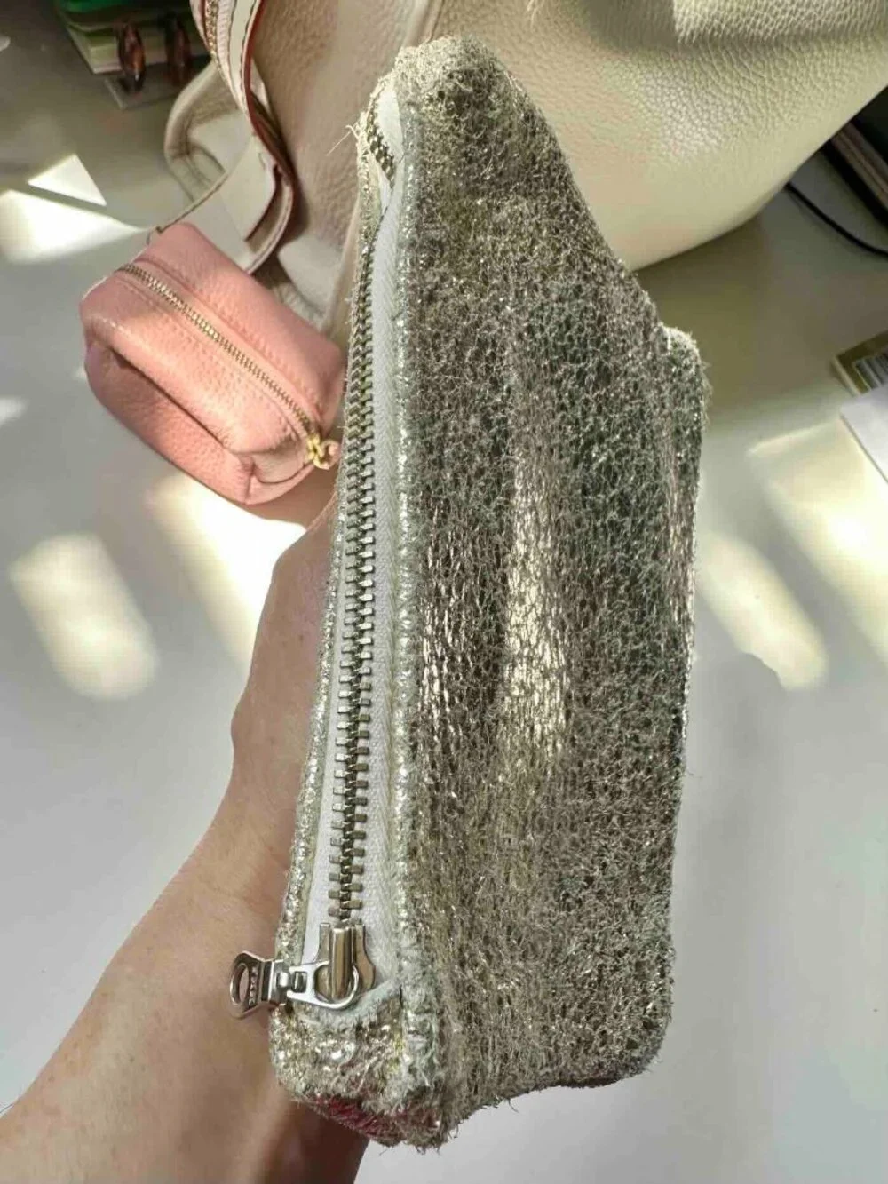 NWOT Kustom Klutch Silver Leather Clutch Pouch YKK Zip Bag